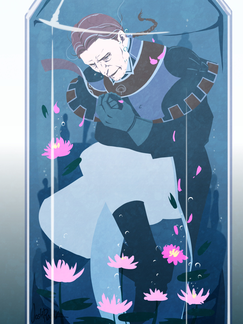 1boy, artist_name, black_footwear, blue_eyes, braid, braided_ponytail, brown_hair, facial_hair, fire_emblem, fire_emblem:_three_houses, flower, full_body, gilbert_pronislav, gloves, highres, in_container, josh_rayda, old, old_man, pale_skin, pants, parted_lips, petals, stubble, white_pants