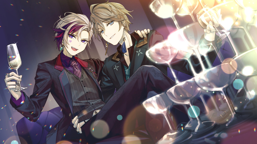 2boys, :d, absurdres, alcohol, bangs, belt, black_jacket, black_pants