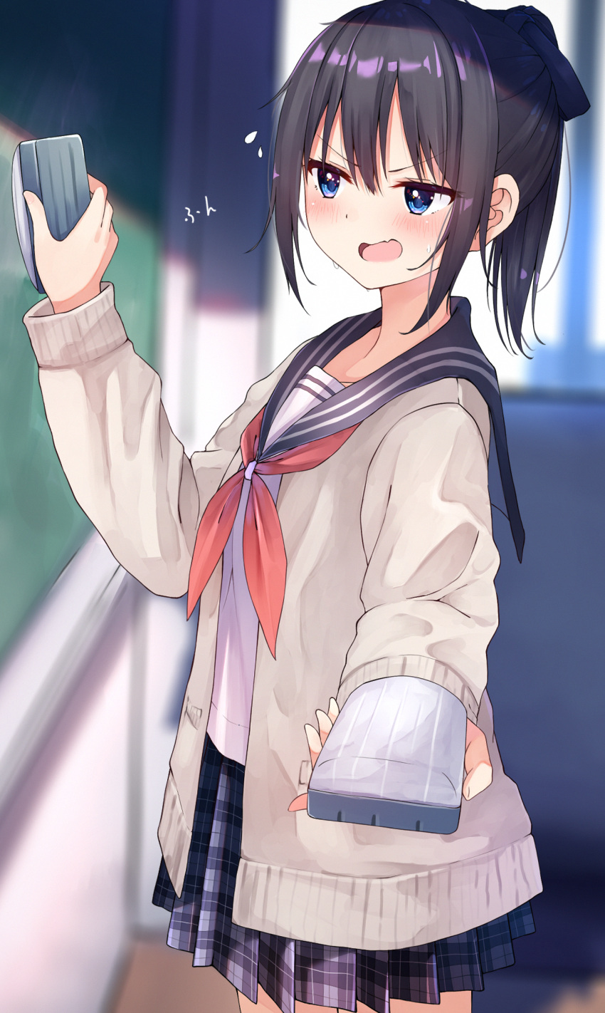 1girl, bangs, black_bow, black_hair, black_sailor_collar, blue_eyes, blurry, blurry_background