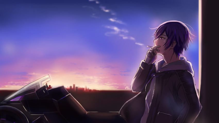 1boy, akudama_drive, black_hair, black_jacket, cigarette, courier_(akudama_drive), earrings, ground_vehicle