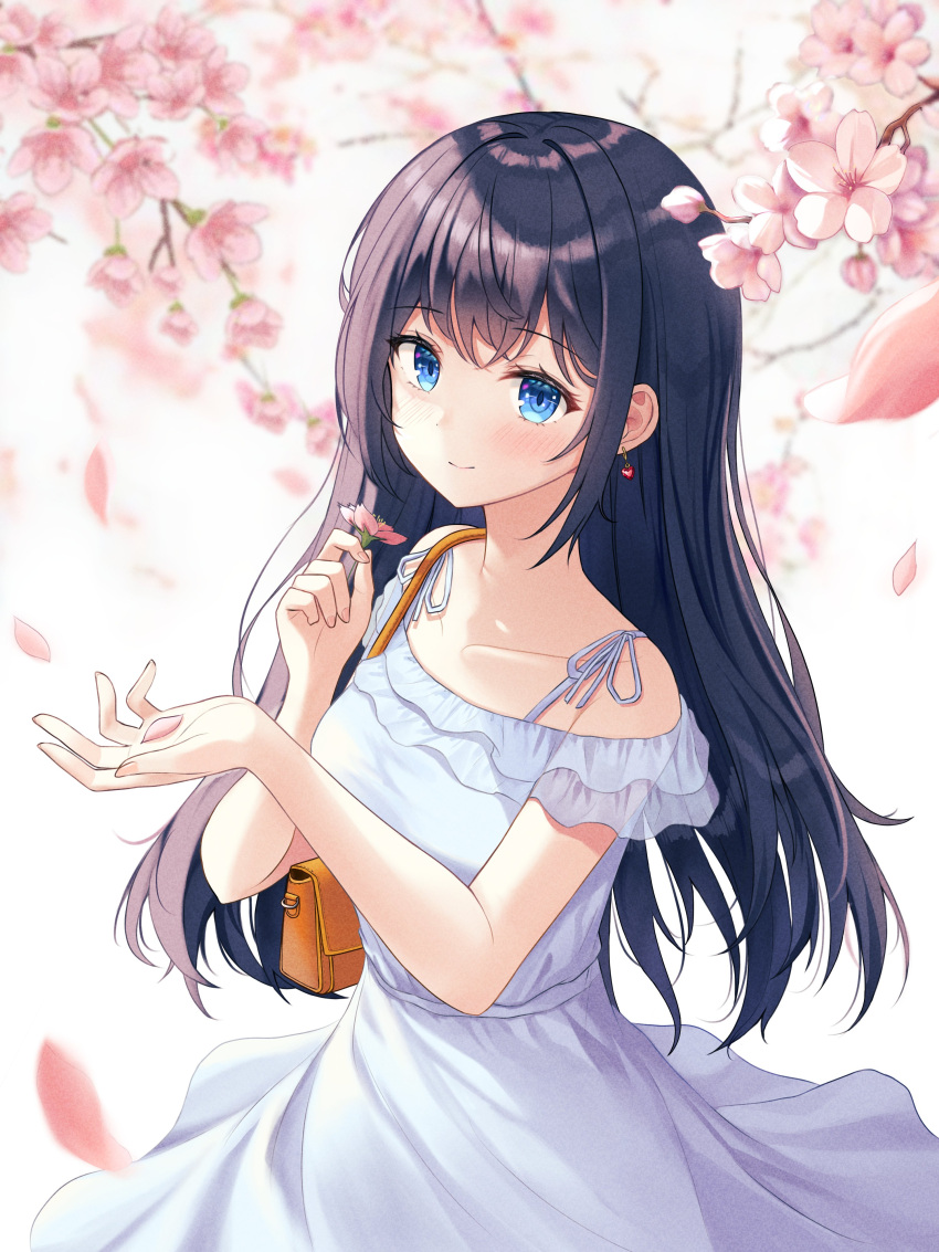 1girl, absurdres, bag, blue_eyes, cherry_blossoms, dress, earrings, falling_petals, flower, highres, holding, holding_flower, holding_petal, jewelry, long_hair, looking_at_viewer, original, petals, purple_hair, shoulder_bag, solo, sundress, ttusee5, white_background