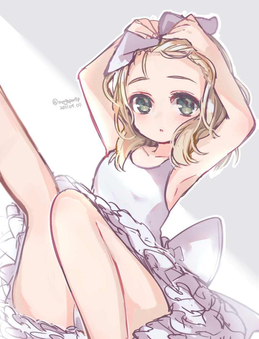 1girl, alternate_costume, blonde_hair, bow, dated, dress, flat_chest, frilled_dress