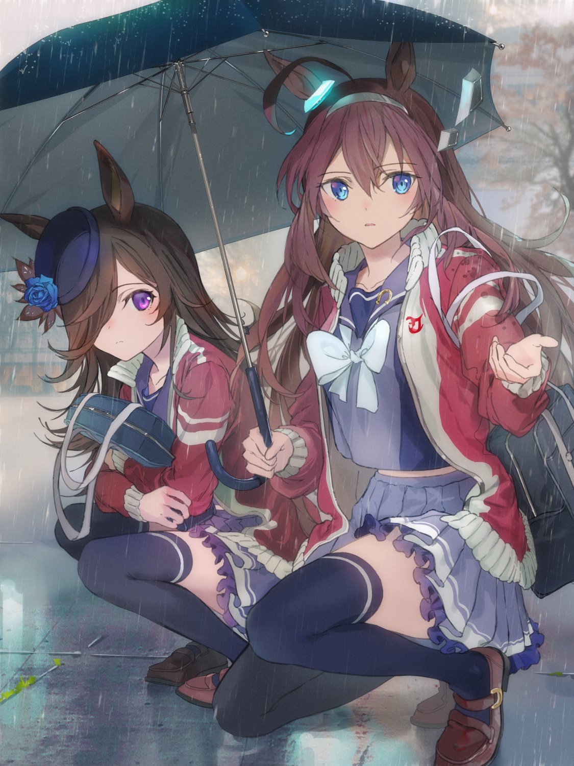 2girls, animal_ears, bag, black_hair, blue_legwear, blue_skirt, bow, bowtie