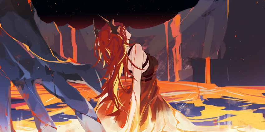 1girl, absurdres, arknights, bare_shoulders, bending_backward, black_dress, demon_horns, dress