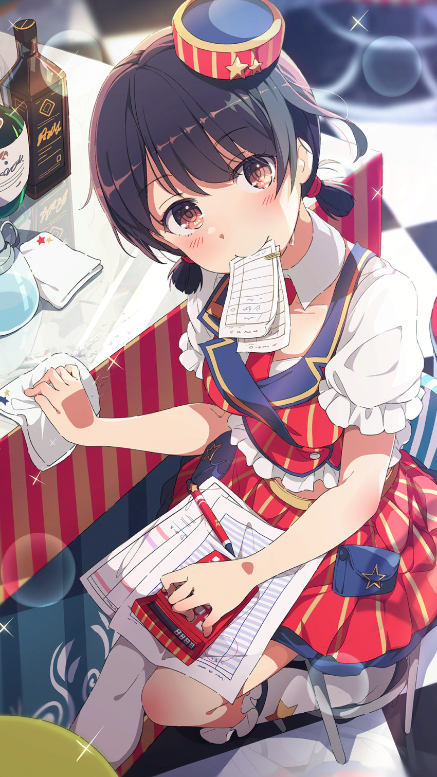 1girl, black_hair, breasts, calculator, detached_collar, frilled_shirt, frilled_sleeves, frills
