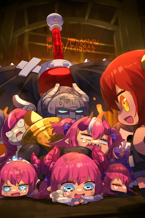 6+girls, ahoge, bangs, blue_eyes, chalice, chibi, cis05, crying, curled_horns, dragon_girl, dragon_horns, elizabeth_bathory_(brave)_(fate), elizabeth_bathory_(fate), elizabeth_bathory_(fate)_(all), elizabeth_bathory_(halloween_caster)_(fate), fate/extra, fate/extra_ccc, fate/grand_order, fate_(series), fujimaru_ritsuka_(female), hair_ornament, hair_scrunchie, holy_grail_(fate), horns, humanoid_robot, long_hair, mecha_eli-chan_(fate), mecha_eli-chan_mk.ii_(fate), multiple_girls, one_side_up, open_mouth, orange_eyes, orange_hair, pink_hair, riyo_(lyomsnpmp)_(style), scrunchie, short_hair, smile, sword, weapon