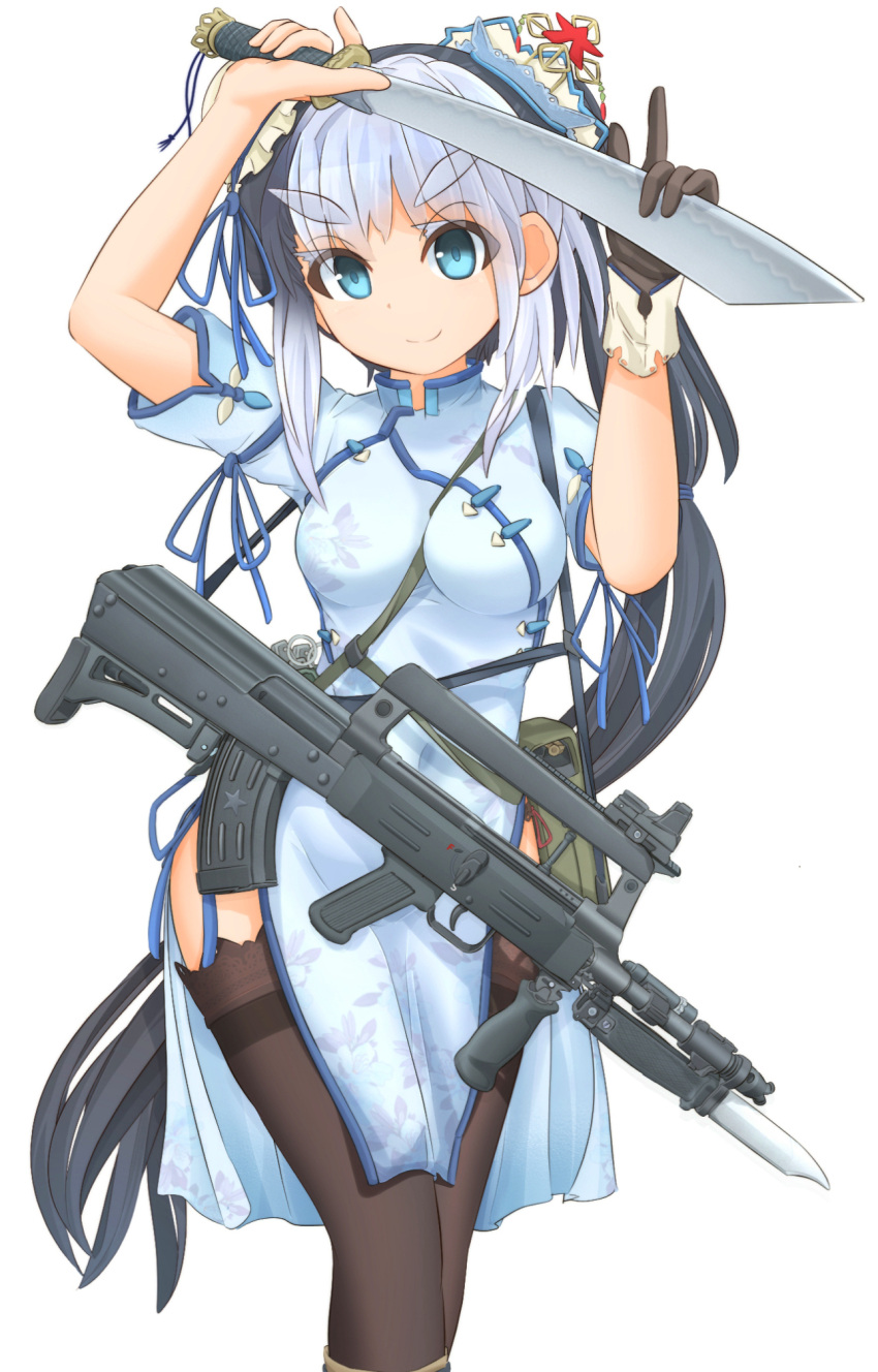 1girl, bayonet, black_legwear, blue_eyes, bullpup, china_dress, chinese_clothes, dadao_sword, dress, eyebrows_visible_through_hair, gun, hair_ornament, hair_ribbon, highres, holding, holding_weapon, knife, long_hair, mikeran_(mikelan), military, multicolored_hair, original, ribbon, rifle, sword, thigh-highs, two-tone_hair, type_86s, very_long_hair, weapon, white_hair