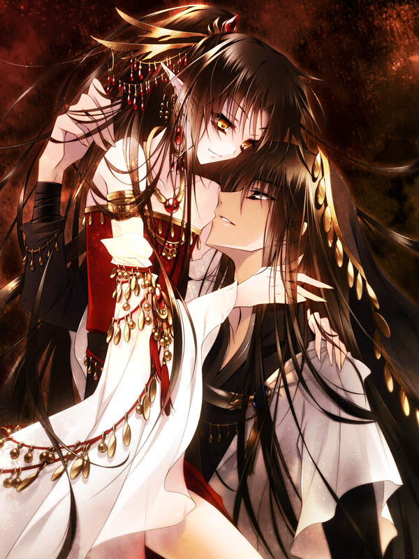 1boy, 1other, androgynous, ashura, bare_shoulders, black_hair, closed_mouth, coin_(ornament)