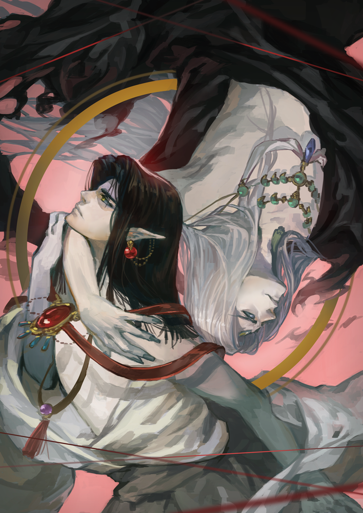 2boys, ashura-ou, black_hair, ear_piercing, earrings, expressionless, fingernails, gem