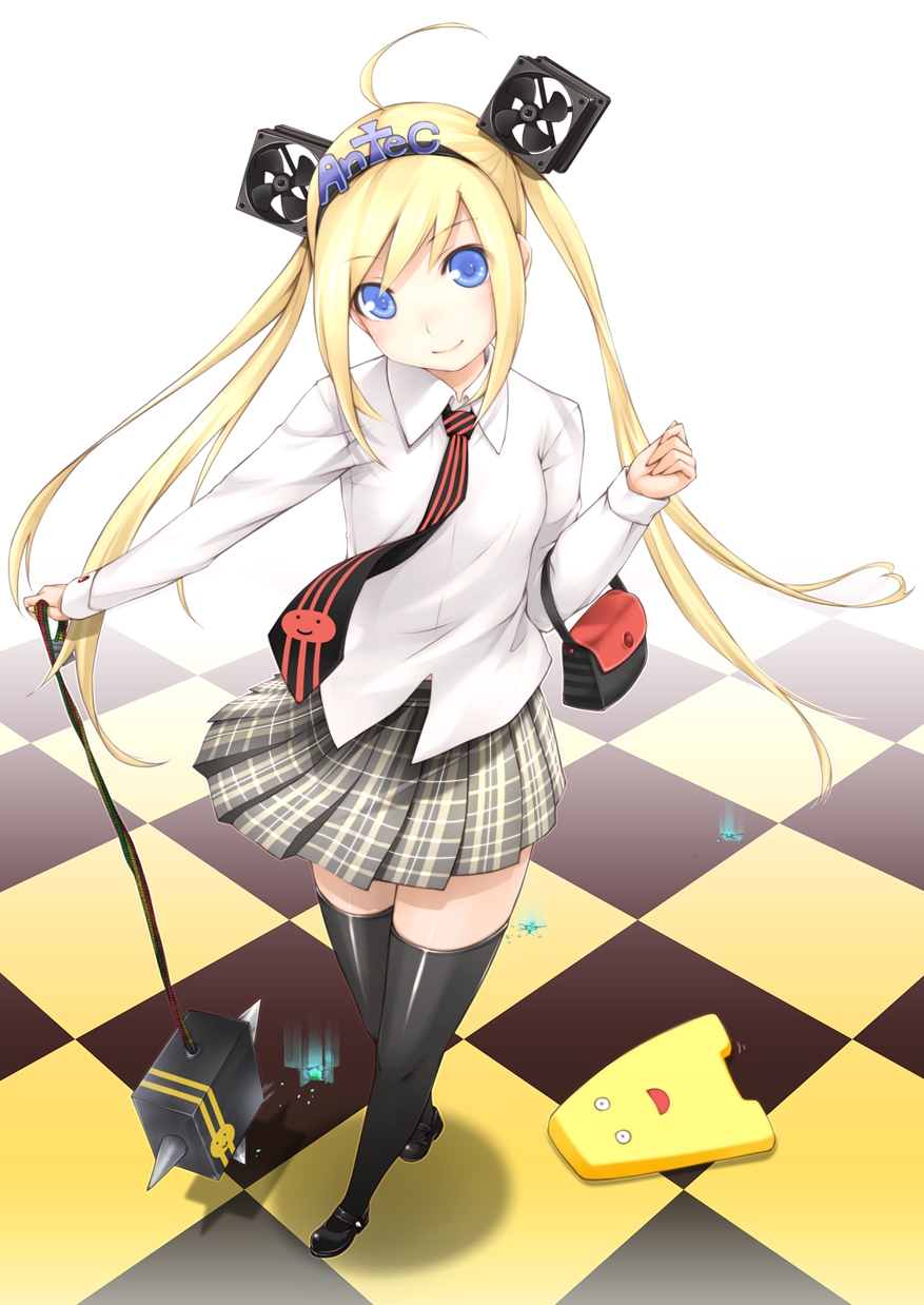 antec, antecco, antekkun, blonde_hair, blue_eyes, checkered, checkered_floor, fan