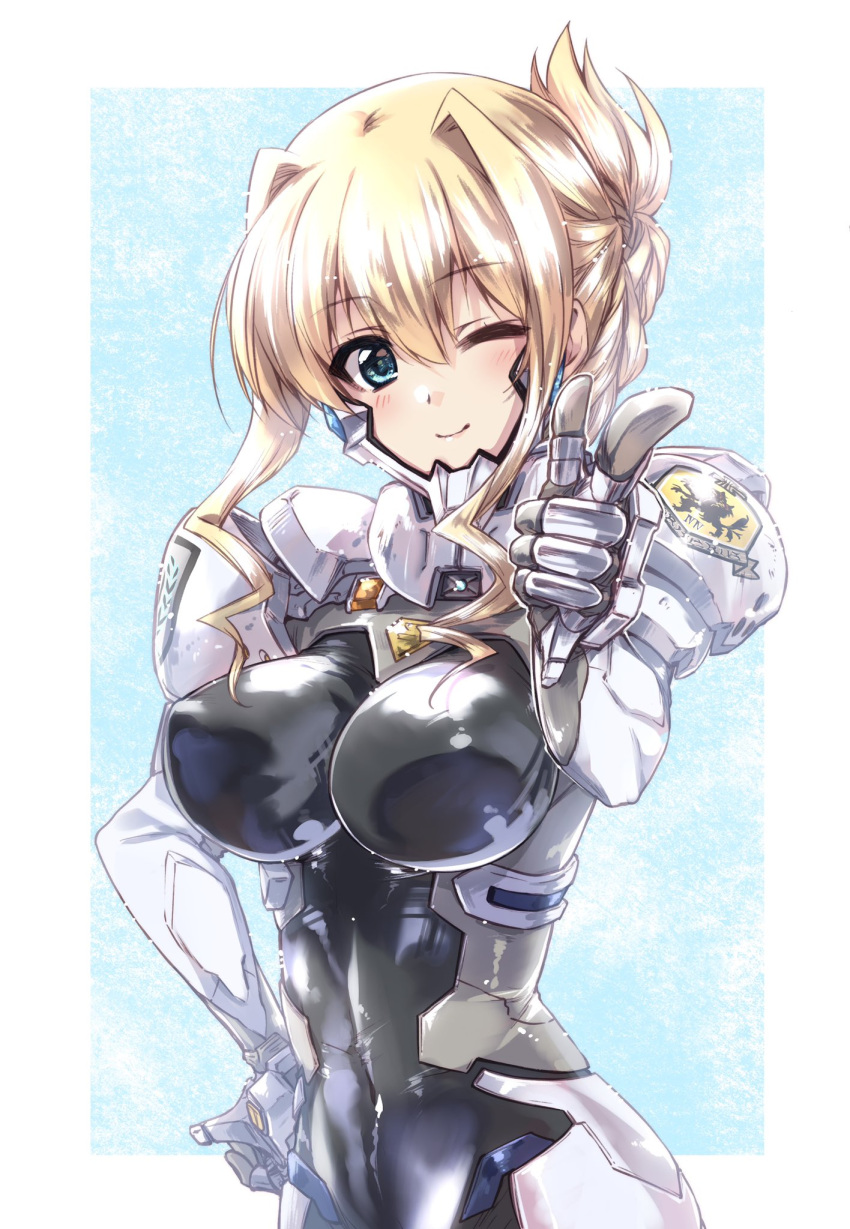 1girl, ;), armor, bangs, blonde_hair, blue_background, blue_eyes, bodysuit