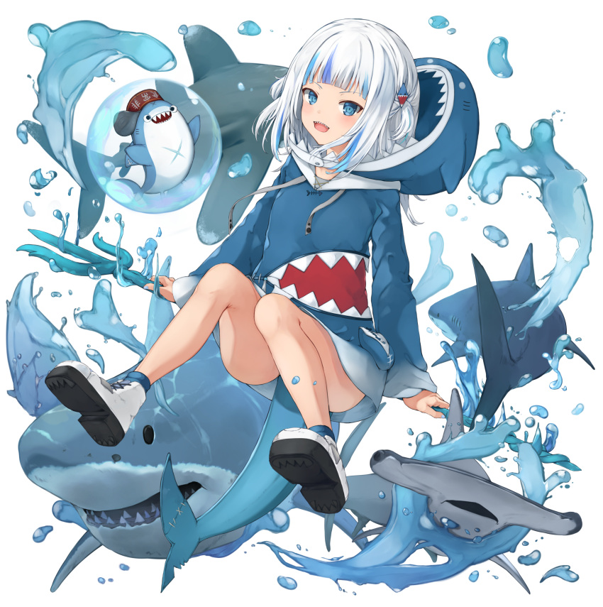 1girl, :d, animal_costume, animal_hood, bangs, bloop_(gawr_gura), blue_eyes, blue_hair, blue_hoodie, blunt_bangs, blush, fish_tail, floating, gawr_gura, hair_ornament, hammerhead_shark, highres, hololive, hololive_english, hood, hood_down, hoodie, long_sleeves, looking_at_viewer, medium_hair, multicolored_hair, open_mouth, piisu, polearm, shark, shark_costume, shark_girl, shark_hair_ornament, shark_hood, shark_tail, sharp_teeth, shoes, silver_hair, sleeves_past_wrists, smile, sneakers, solo, streaked_hair, tail, teeth, trident, two_side_up, upper_teeth, v-shaped_eyebrows, virtual_youtuber, water, weapon, white_footwear, wide_sleeves