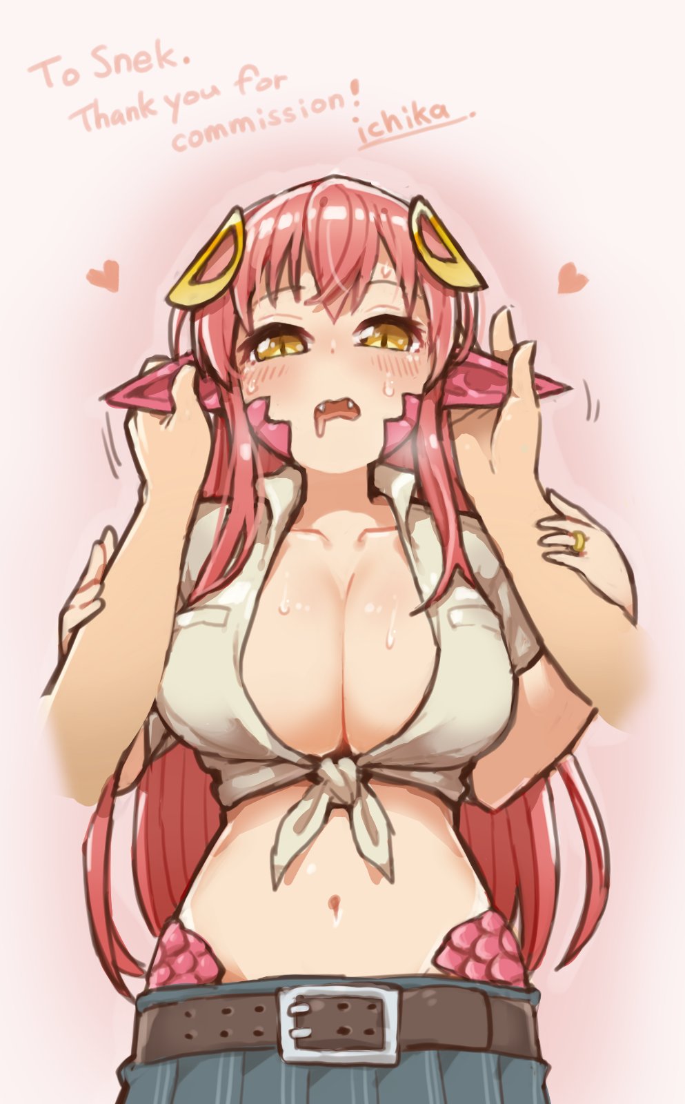 1girl, belt, belt_buckle, blush, breasts, buckle, collarbone, commission