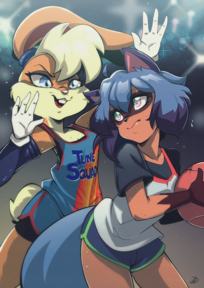 2girls, animal_ears, ball, basketball, basketball_uniform, blue_eyes, blue_hair, brand_new_animal