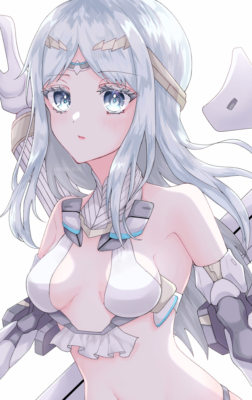 1girl, breasts, circlet, closed_mouth, colored_eyelashes, expressionless, fate/grand_order, fate_(series), galatea_(fate), highres, long_hair, looking_at_viewer, medium_breasts, rain_(roromi), shiny, shiny_hair, silver_hair, simple_background, solo, twitter_username, upper_body, white_background, white_eyelashes, white_eyes