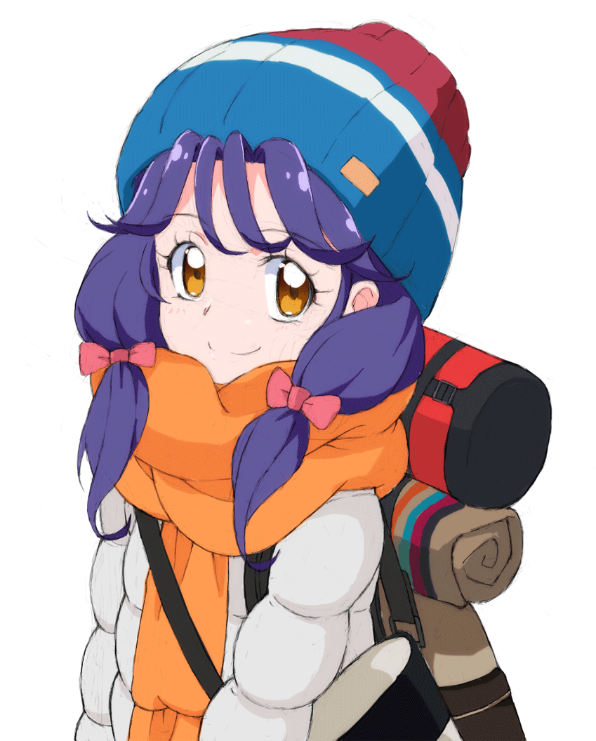 1girl, backpack, bag, bangs, beanie, blue_headwear, blush, bow