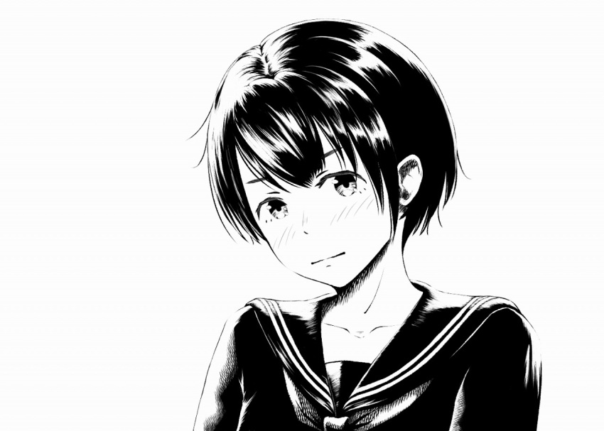 1girl, blush, greyscale, looking_at_viewer, monochrome, original, school_uniform, serafuku