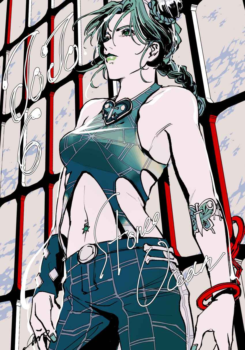 1girl, absurdres, arm_tattoo, bare_arms, bare_shoulders, bars, black_hair, braid