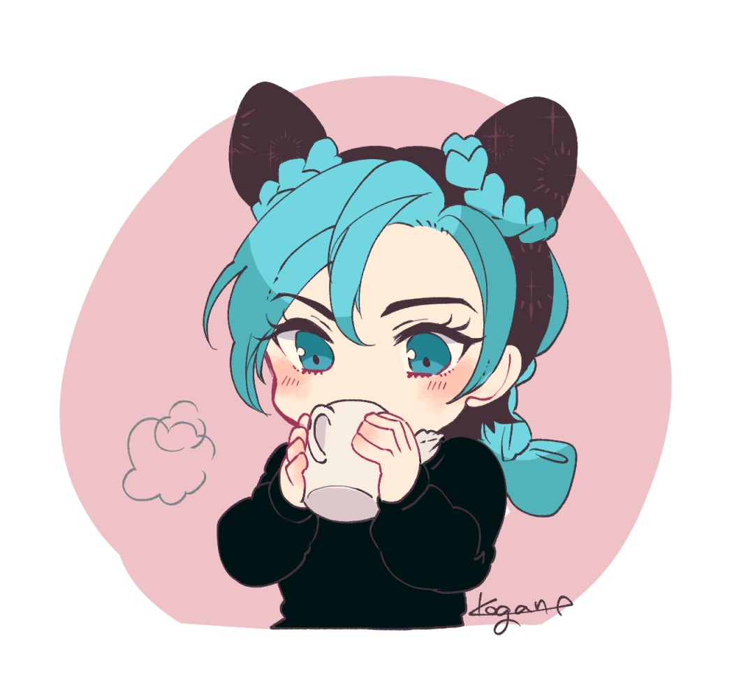1girl, alternate_costume, alternate_eye_color, alternate_hair_color, aqua_eyes, aqua_hair, artist_name, black_hair