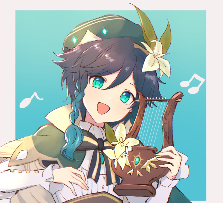 1boy, androgynous, bangs, beret, black_hair, blue_background, blue_hair, bow, braid, brooch, cape, collared_cape, collared_shirt, commentary_request, eyebrows_visible_through_hair, flower, frilled_sleeves, frills, gem, genshin_impact, gradient_hair, green_eyes, green_headwear, hat, hat_flower, holding, holding_instrument, instrument, jewelry, leaf, long_sleeves, looking_at_viewer, lyre, male_focus, multicolored_hair, musical_note, open_mouth, shirt, short_hair_with_long_locks, simple_background, smile, solo, tadaooooononon, twin_braids, venti_(genshin_impact), white_flower, white_shirt