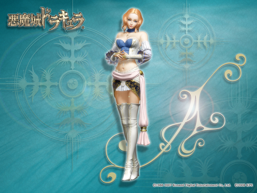 3d, angela_(castlevania), blonde_hair, blue_eyes, boots, breasts, bridal_gauntlets, castlevania, castlevania_pachislot, choker, cleavage, corset, cross, detached_sleeves, highres, initial, konami, lace, logo, midriff, miniskirt, navel, official_art, sash, short_hair, skirt, solo, standing, thigh-highs, thigh_boots, wallpaper, wavy_hair