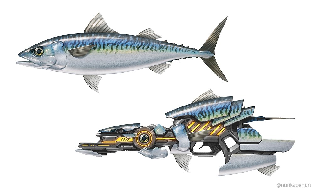 energy_gun, fish, from_side, gun, handgun, no_humans, nurikabe_(mictlan-tecuhtli), original