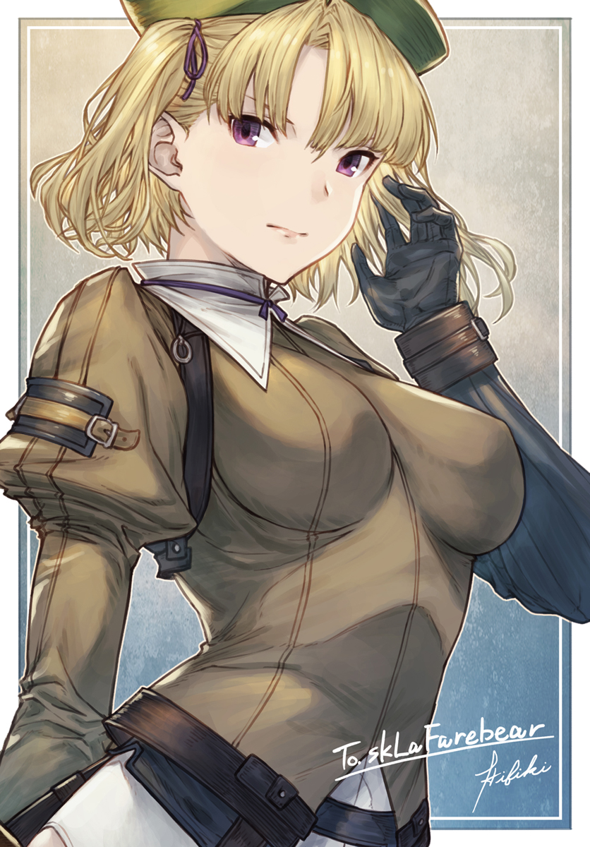1girl, bangs, blonde_hair, commission, gloves, hand_in_hair, hat, highres