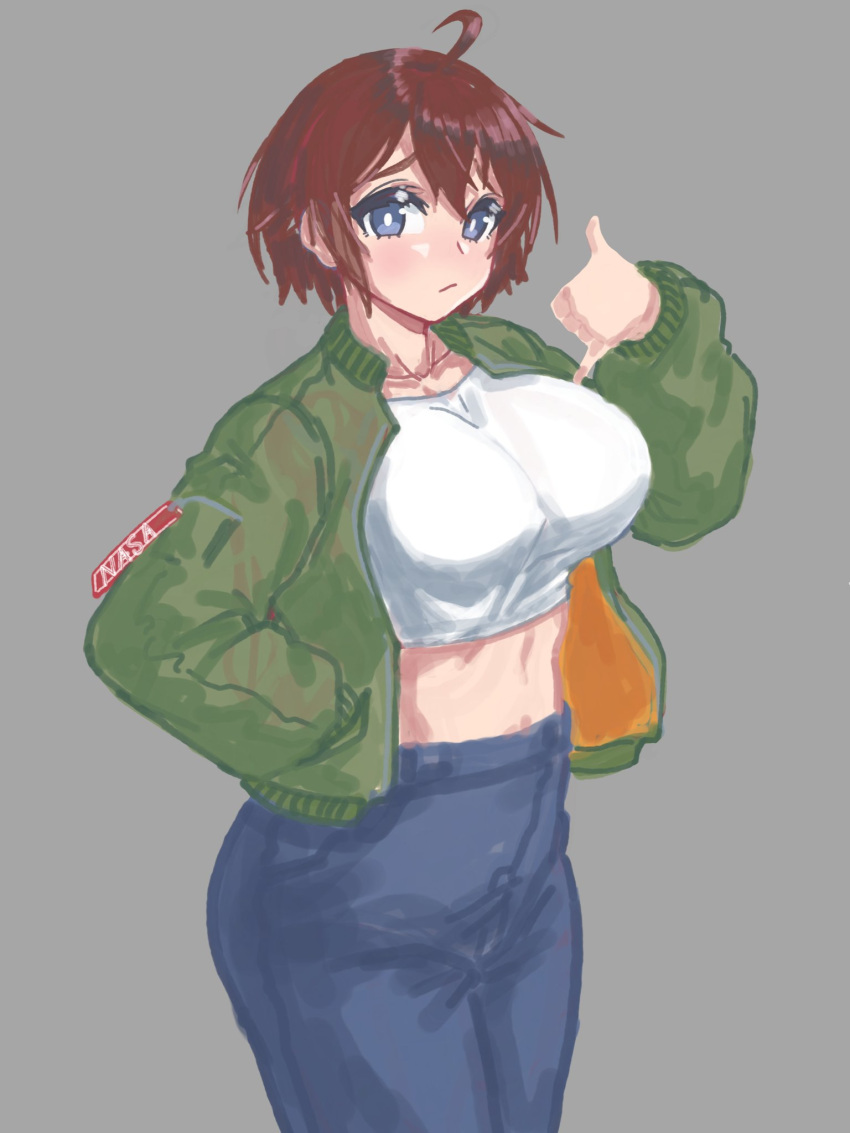 1girl, blue_eyes, bomber_jacket, breasts, bright_pupils, brown_hair, brups_tv, collarbone