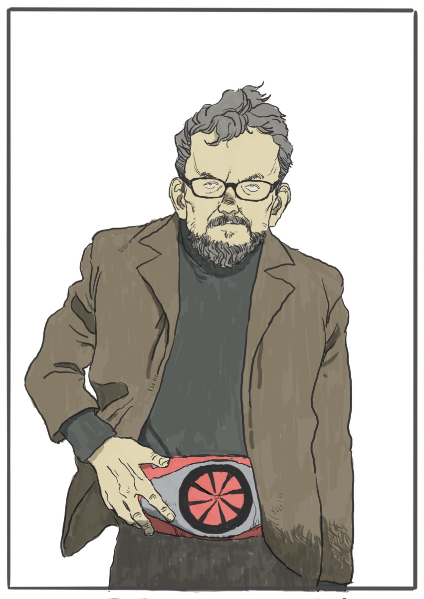 1boy, anno_hideaki_(character), beard, belt, black_sweater, border, brown_jacket, facial_hair