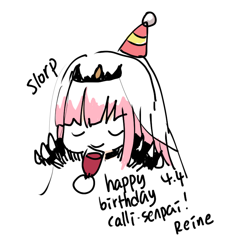1girl, alcohol, black_cape, cape, closed_eyes, cup, doodle, drinking_glass, english_commentary, happy_birthday, hat, holding, holding_cup, hololive, hololive_english, looking_down, mori_calliope, party_hat, pavolia_reine_(artist), pink_hair, smile, solo, spikes, tiara, veil, virtual_youtuber, white_background, wine, wine_glass