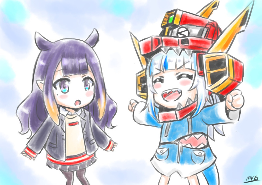 2girls, beige_sweater, black_jacket, black_skirt, blue_eyes, blue_hair, blush, chibi