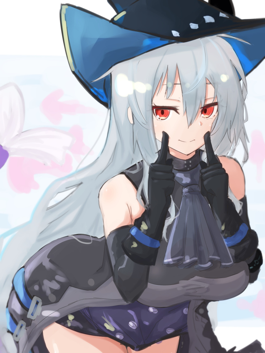 1girl, arknights, ascot, asususususu, bare_shoulders, black_dress, black_headwear, breasts