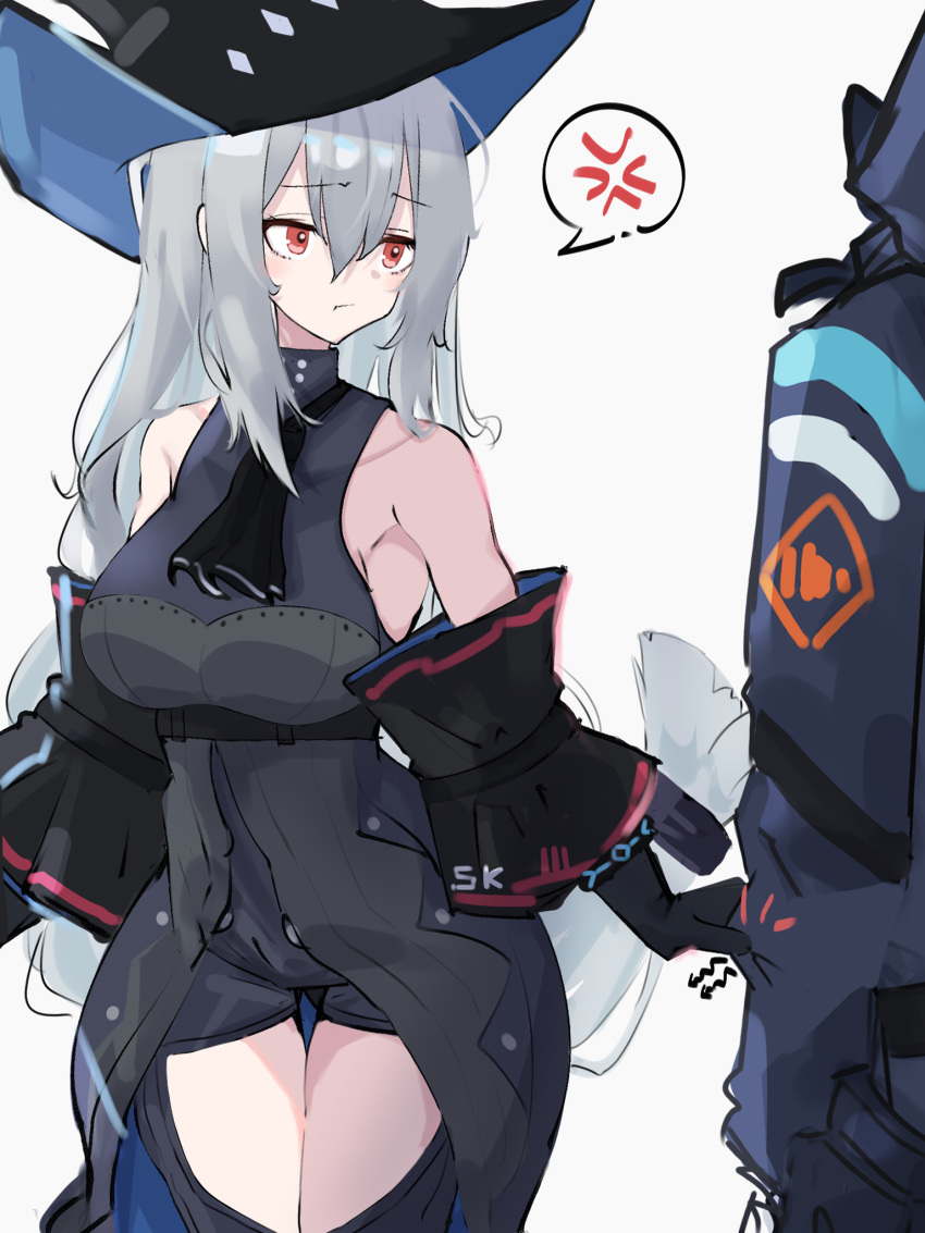 1girl, 1other, anger_vein, arknights, arm_cuffs, ascot, asususususu, bangs