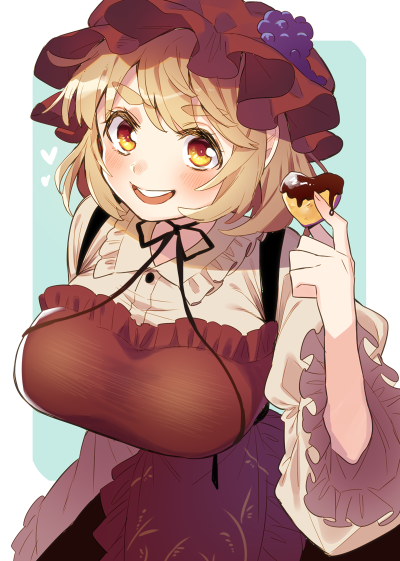 aki_minoriko, apron, aqua_background, breasts, chocolate, commentary_request, food, food_themed_hair_ornament