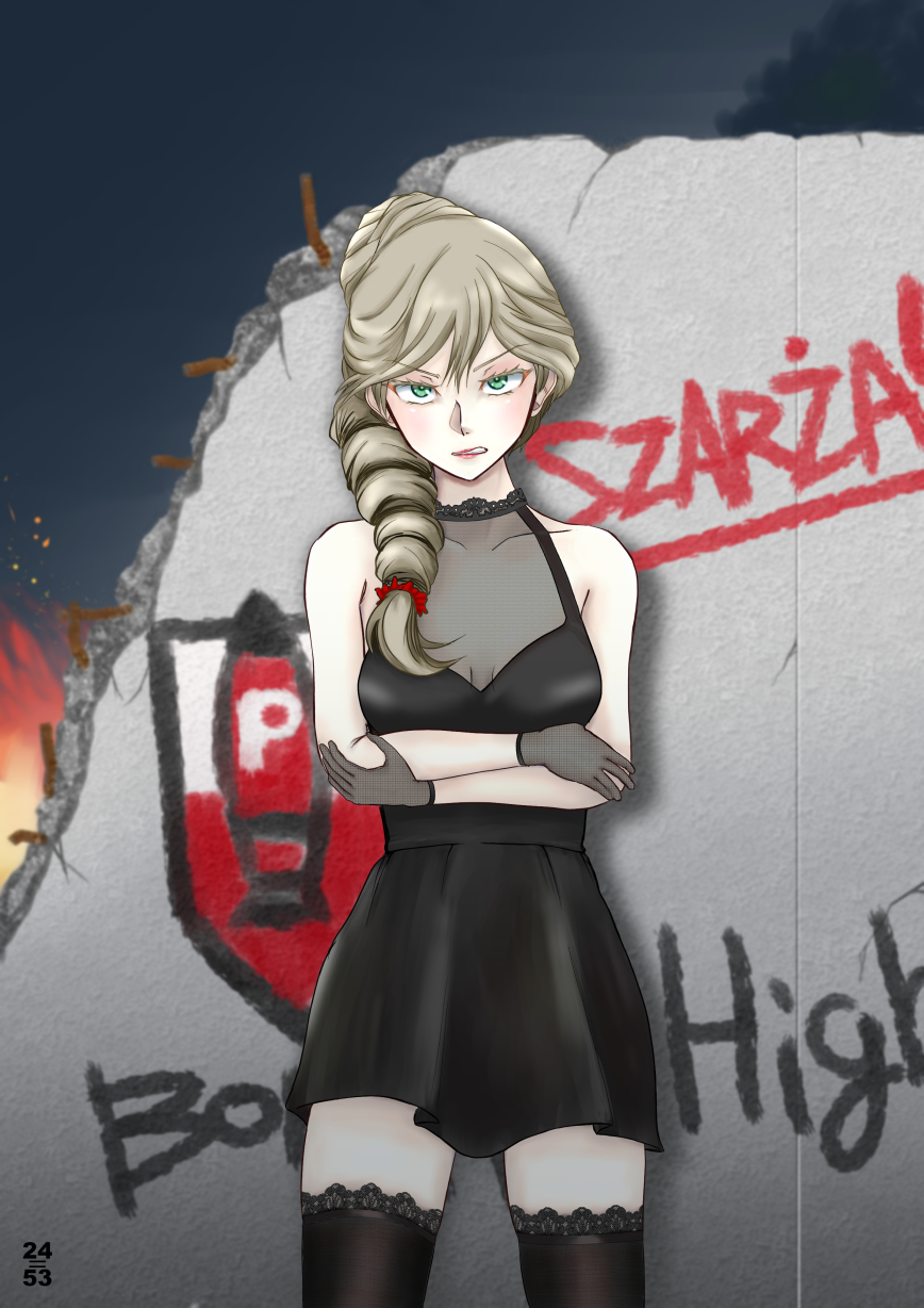 artist_name, bangs, black_dress, black_legwear, black_sky, bonple_(emblem), broken_wall, cowboy_shot, crossed_arms, dress, drill_hair, english_text, fire, frown, girls_und_panzer, girls_und_panzer_ribbon_no_musha, gloves, green_eyes, grey_gloves, grimace, hair_over_shoulder, halterneck, highres, jajka_(girls_und_panzer), lace-trimmed_legwear, lace_trim, light_brown_hair, long_hair, medium_hair, night, night_sky, nishi_itsumi, outdoors, polish_text, short_dress, single_drill, sky, thigh-highs