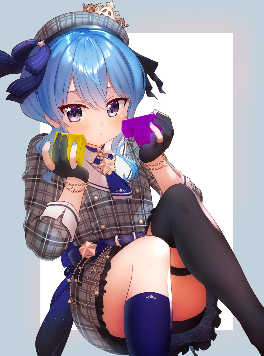 1girl, asymmetrical_legwear, bangs, belt, beret, black_gloves, black_legwear, blue_hair
