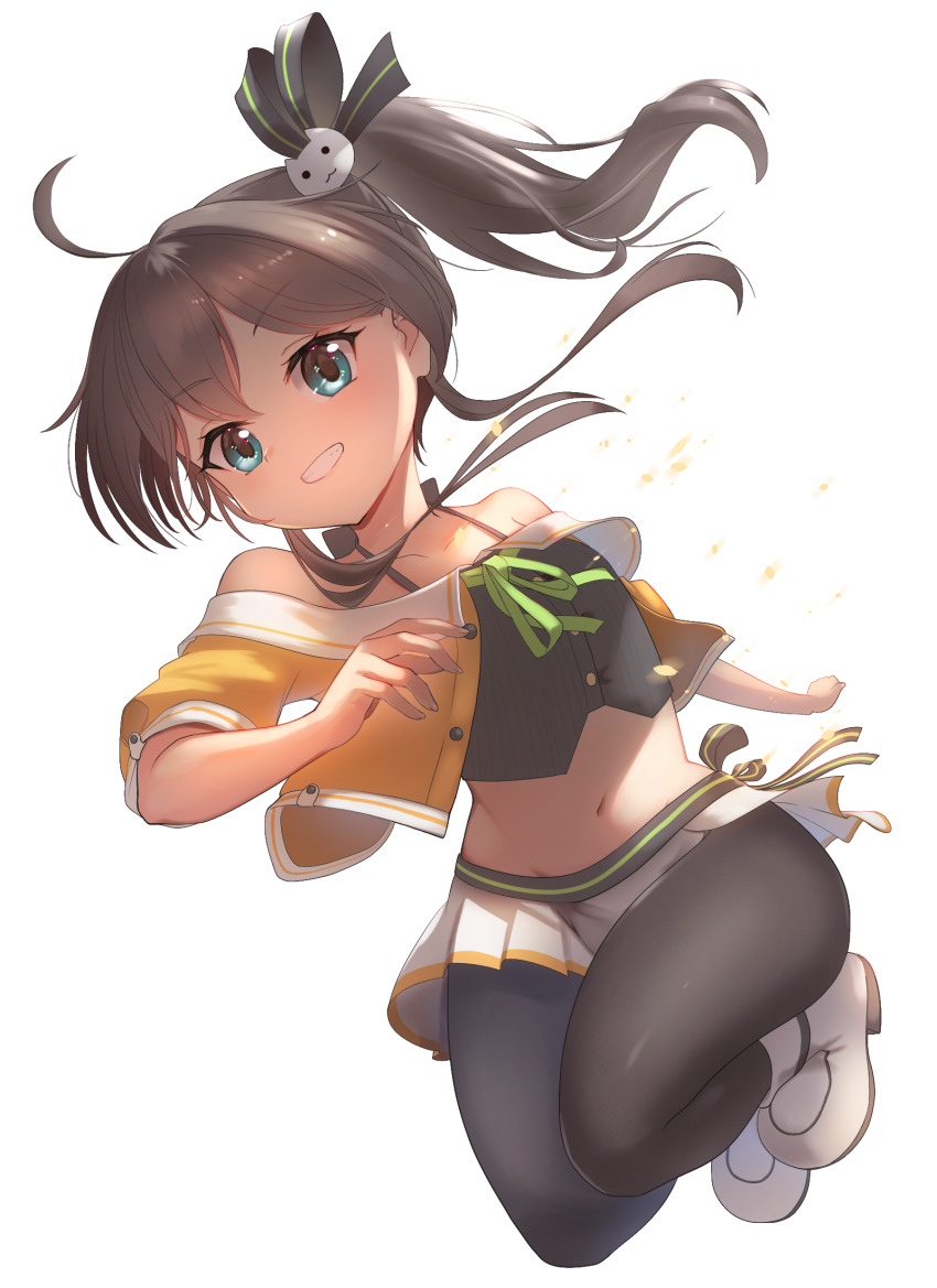 1girl, ahoge, bangs, bare_shoulders, black_camisole, black_legwear, black_ribbon, blue_eyes