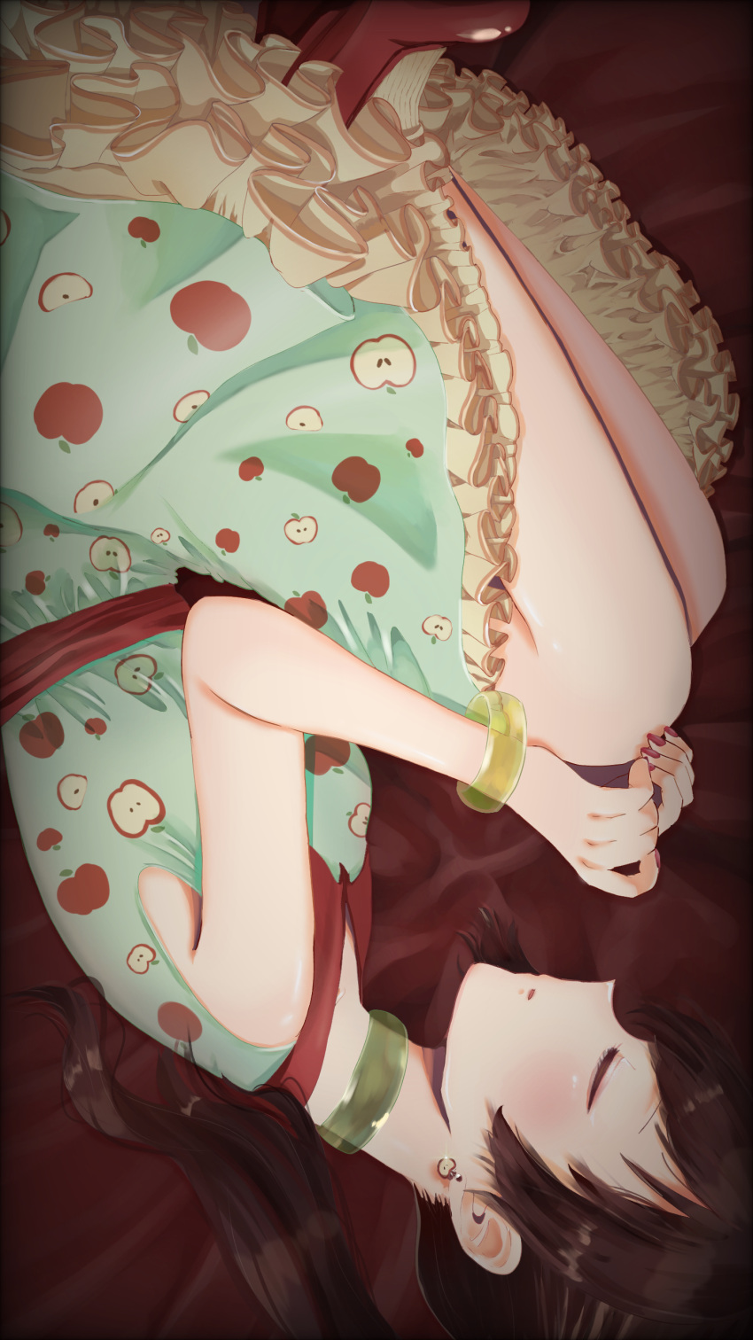 1girl, absurdres, apple_print, bare_legs, bed_sheet, blush, bracelet, brown_hair