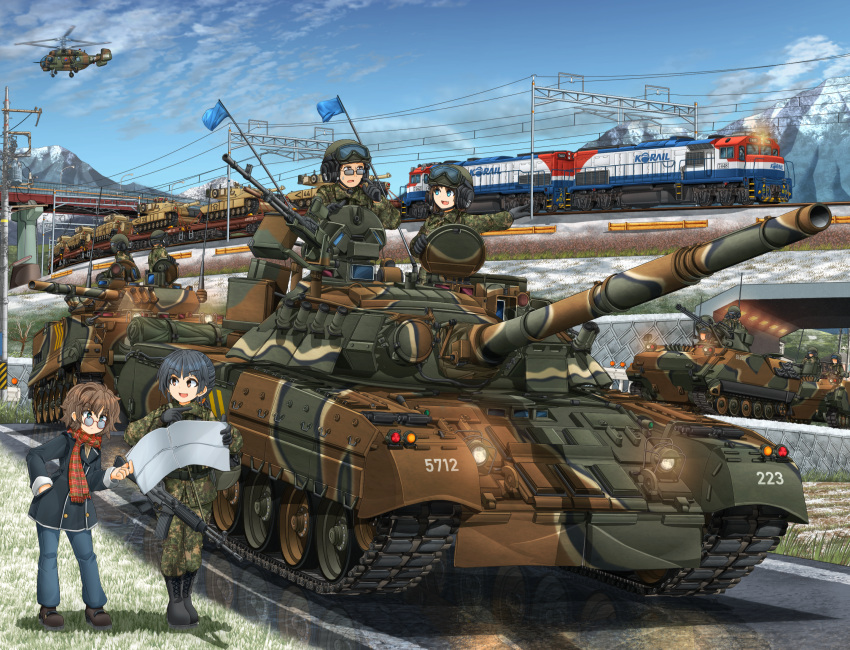 3boys, 3girls, black_gloves, bmp-3, boots, bridge, brown_eyes, brown_hair