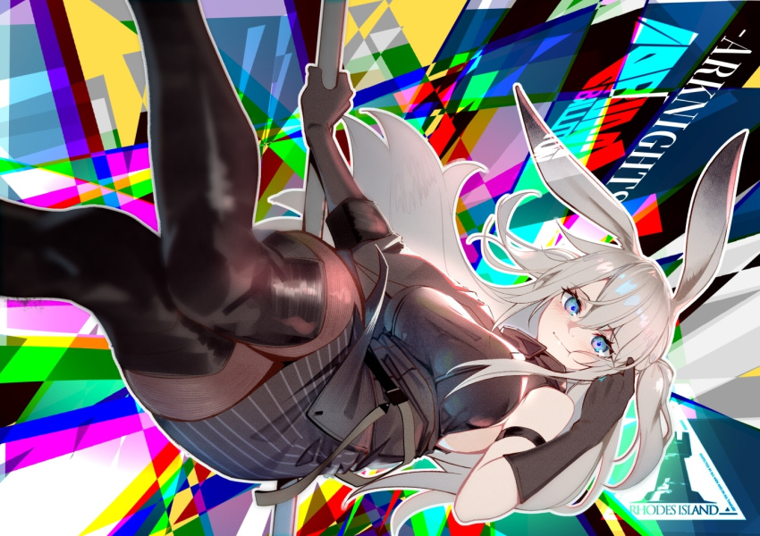 1girl, animal_ears, arknights, bangs, black_cloak, black_dress, black_footwear, black_gloves