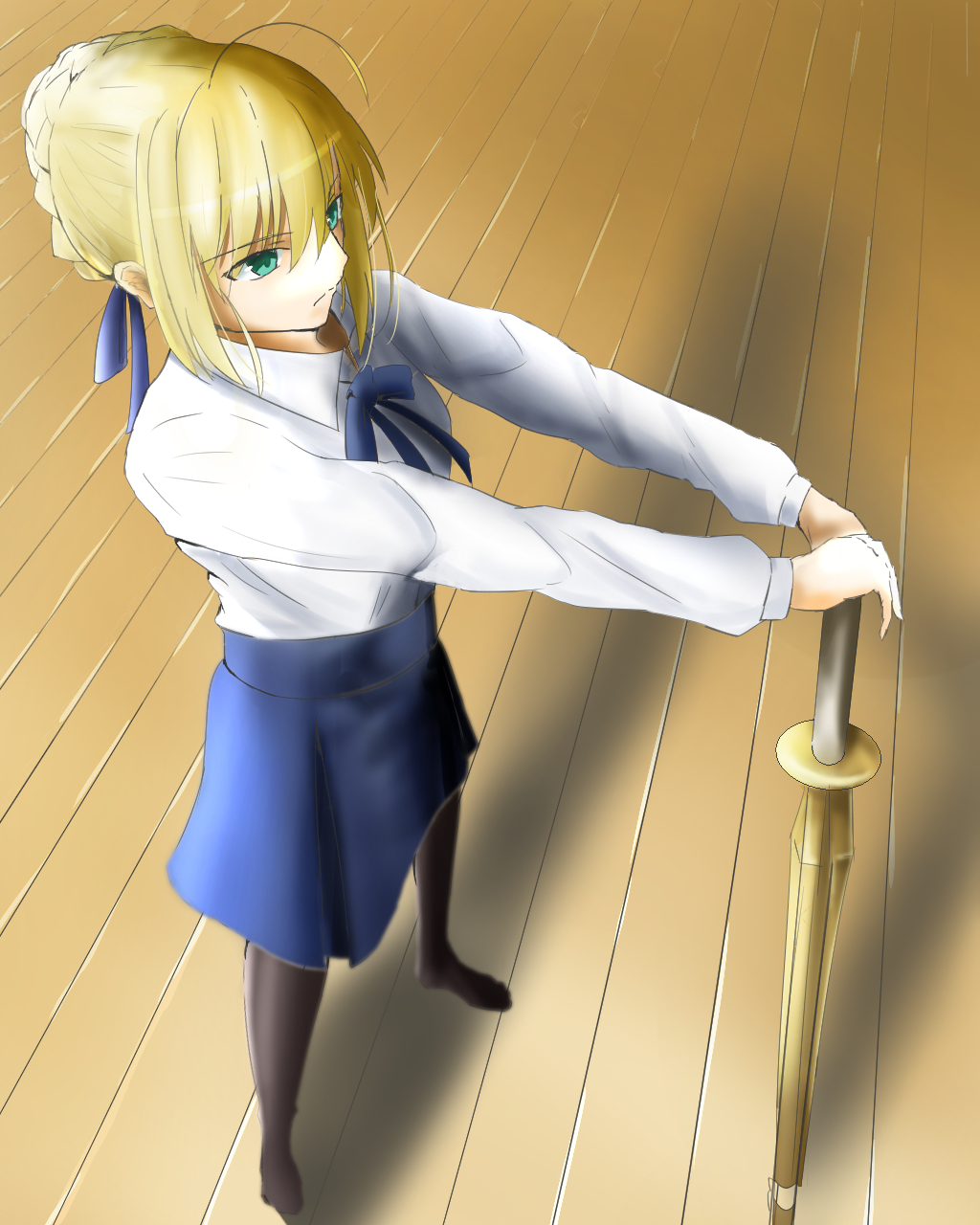 1girl, ahoge, artoria_pendragon_(all), blonde_hair, blue_ribbon, blue_skirt, braid, dress_shirt