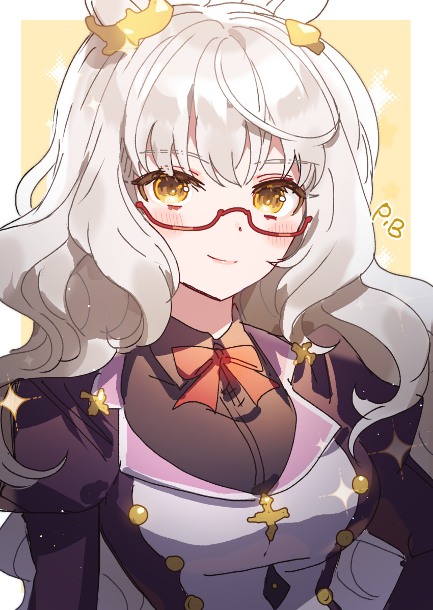 1girl, animal_ears, bangs, biwa_hayahide_(umamusume), black_jacket, black_shirt, blush, bow