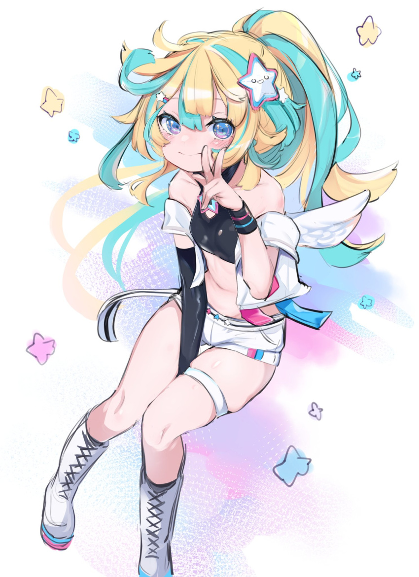 1girl, amakawa_hano, aqua_hair, arm_between_legs, black_gloves, blonde_hair, blush, boots