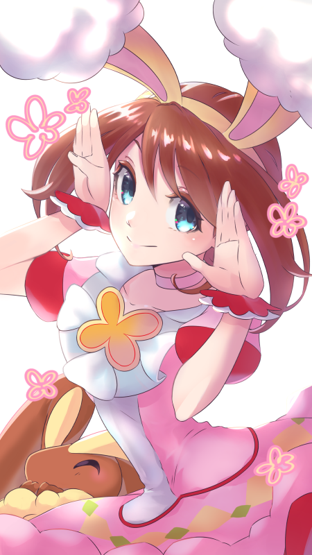 1girl, amaco_(amacoworklove), animal_ears, bangs, blue_eyes, brown_hair, bunny_pose, closed_mouth, dress, eyebrows_visible_through_hair, fake_animal_ears, gen_4_pokemon, hair_between_eyes, hairband, hands_up, lopunny, may_(pokemon), official_alternate_costume, pink_dress, pokemon, pokemon_(creature), pokemon_(game), pokemon_masters_ex, pokemon_oras, pokemon_rse, rabbit_ears, solo, wrist_cuffs, yellow_hairband