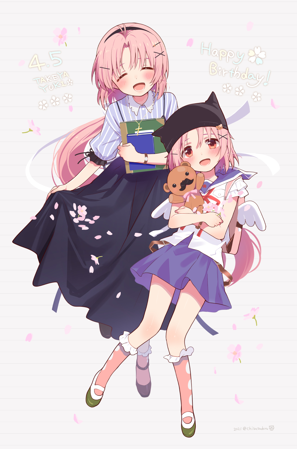 2girls, animal_hat, artist_name, black_hairband, blue_sailor_collar, blue_shirt, blue_skirt, cat_hat