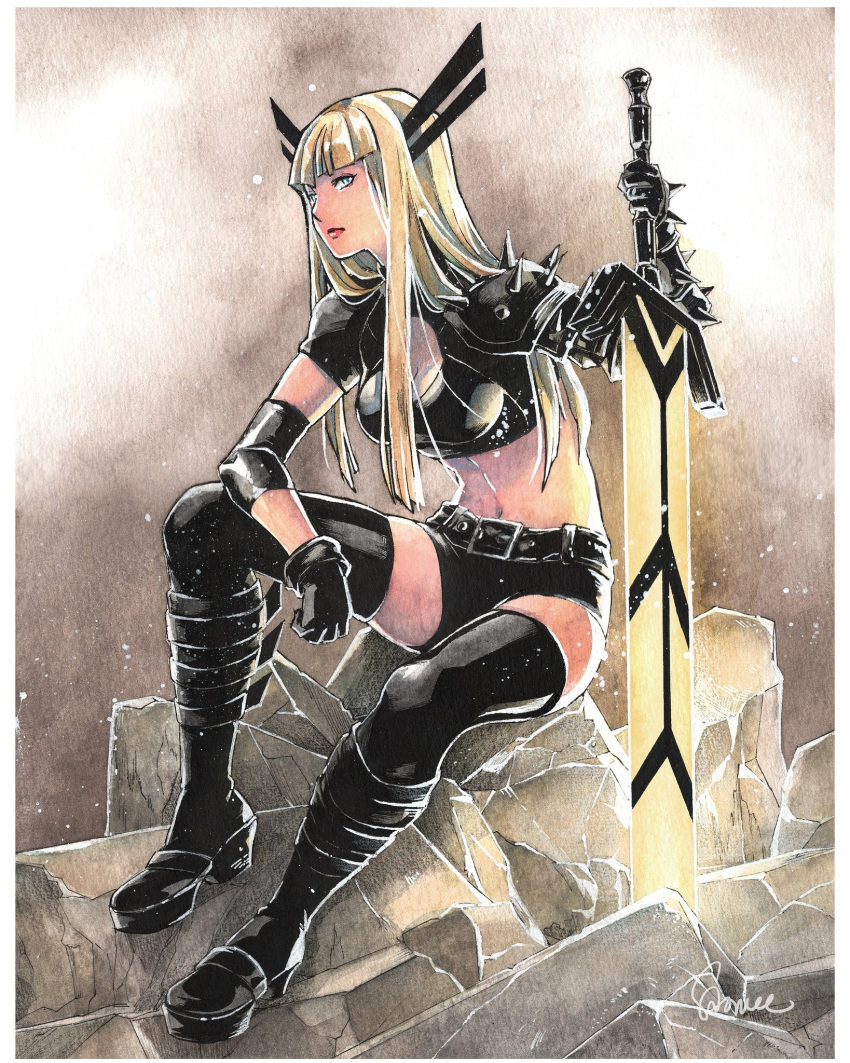 1girl, armor, blonde_hair, blue_eyes, boots, cleavage_cutout, clothing_cutout, gloves