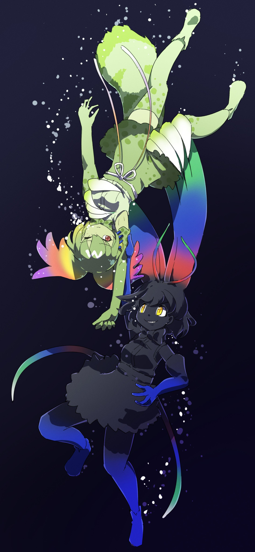2girls, absurdres, animal_ears, bare_shoulders, black_neckwear, black_skin, black_skirt, blue_gloves