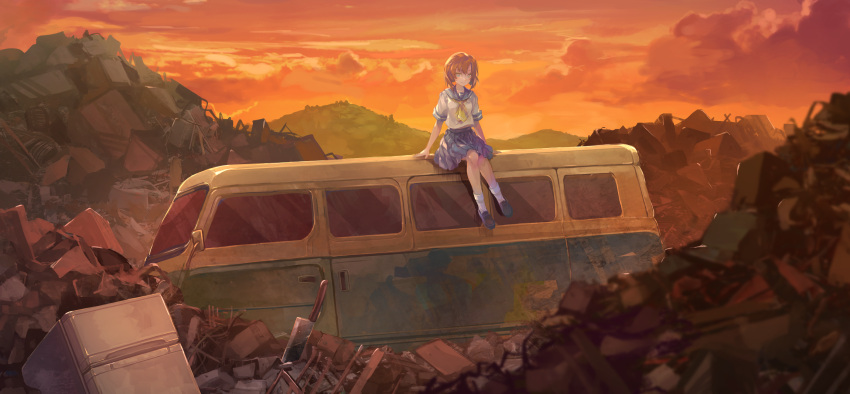 1girl, bangs, bare_legs, black_footwear, blue_eyes, blue_sailor_collar, blue_skirt, blurry