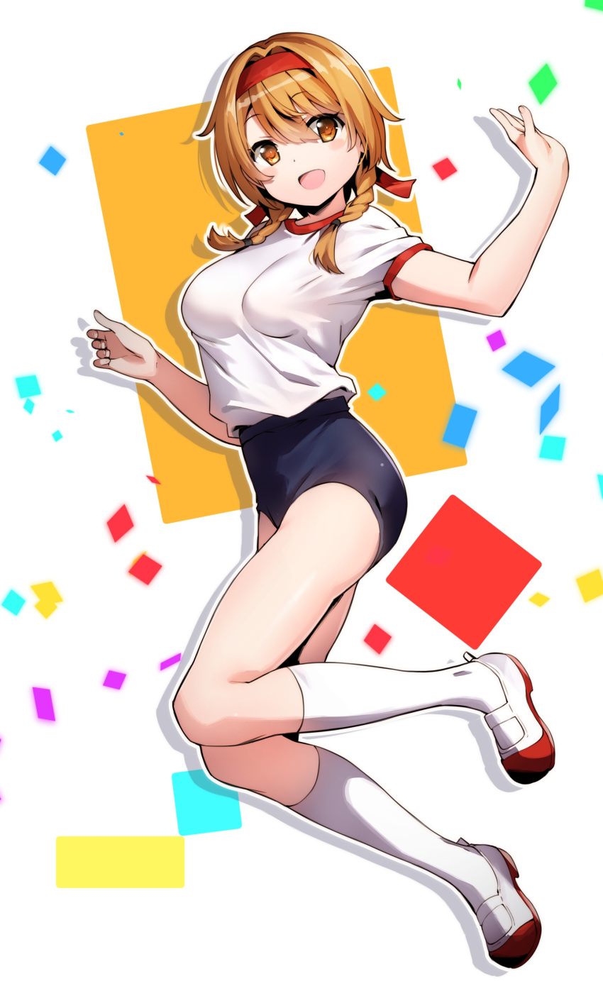 1girl, absurdres, blue_buruma, braid, breasts, brown_eyes, buruma, eyebrows_visible_through_hair