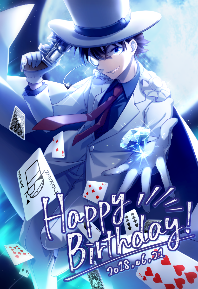1boy, 51olo, ace_of_spades, bangs, blue_eyes, blue_shirt, brown_hair, cape